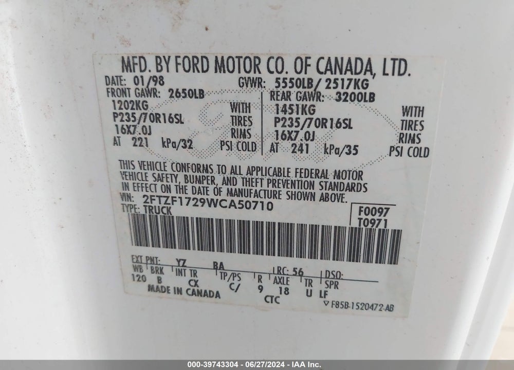 1998 FORD F-150 VIN: 2FTZF1729WCA50710