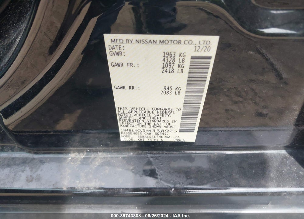 2021 NISSAN ALTIMA SR FWD VIN: 1N4BL4CV5MN338975