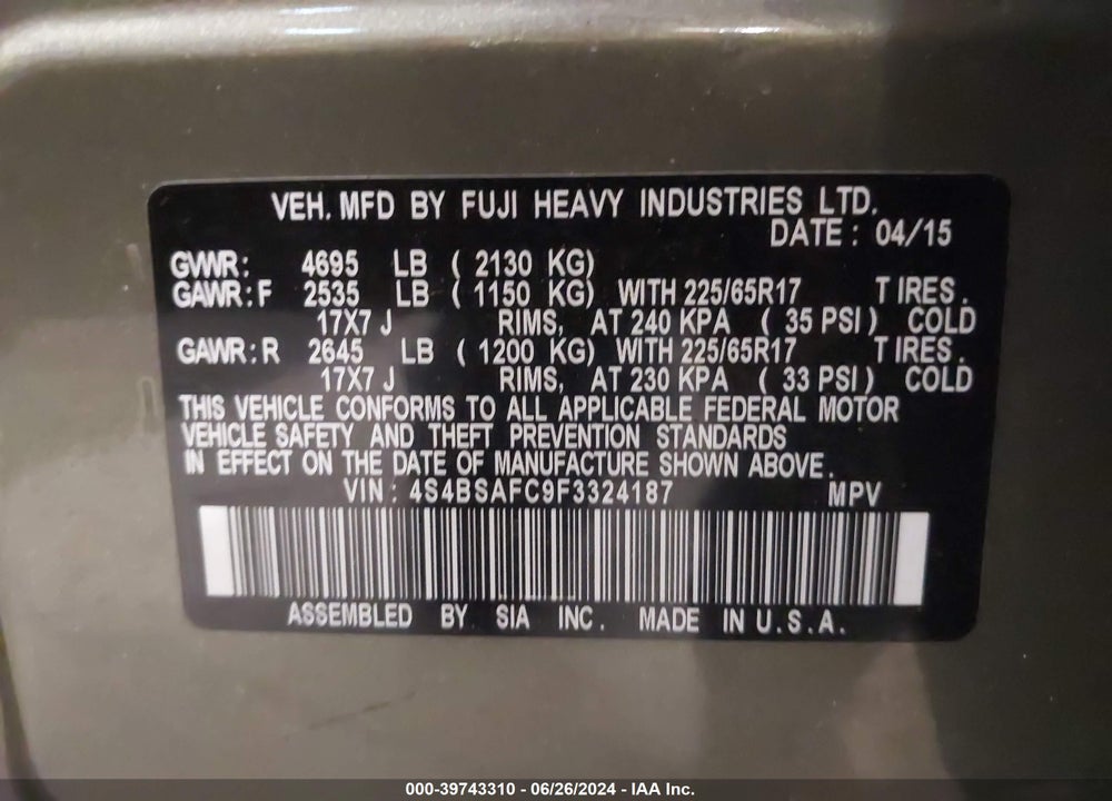2015 SUBARU OUTBACK 2.5I PREMIUM VIN: 4S4BSAFC9F3324187