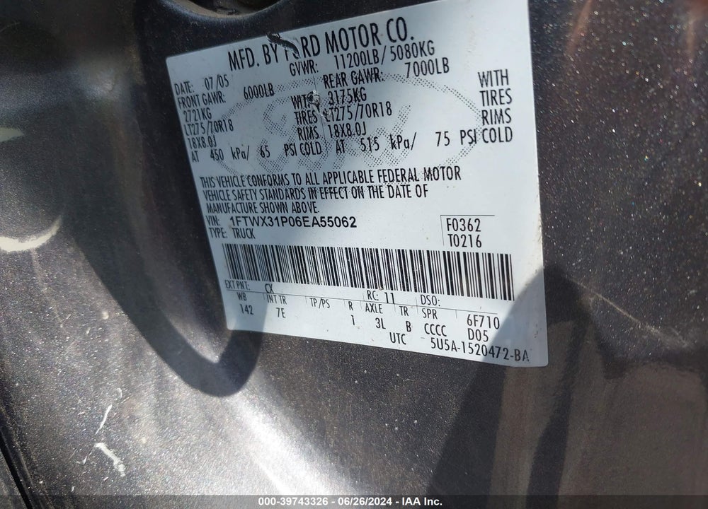 2006 FORD F-350 LARIAT/XL/XLT VIN: 1FTWX31P06EA55062