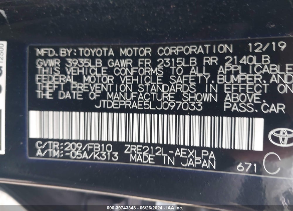 2020 TOYOTA COROLLA LE VIN: JTDEPRAE5LJ097033