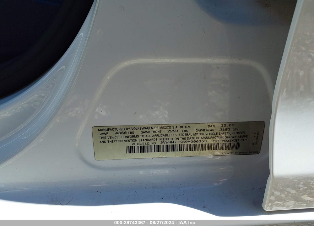 2009 VOLKSWAGEN JETTA VIN: 3VWHM71K69M096353