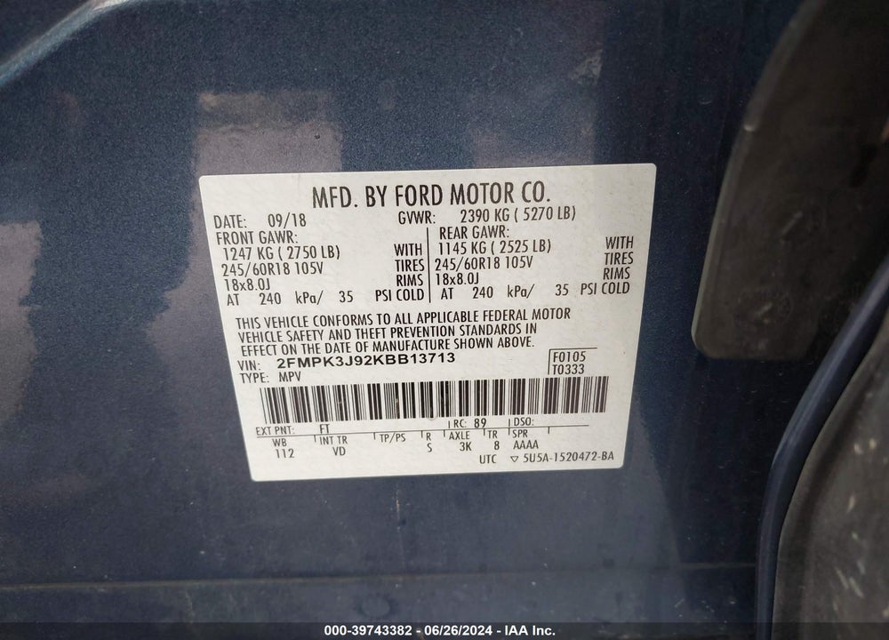 2019 FORD EDGE SEL VIN: 2FMPK3J92KBB13713