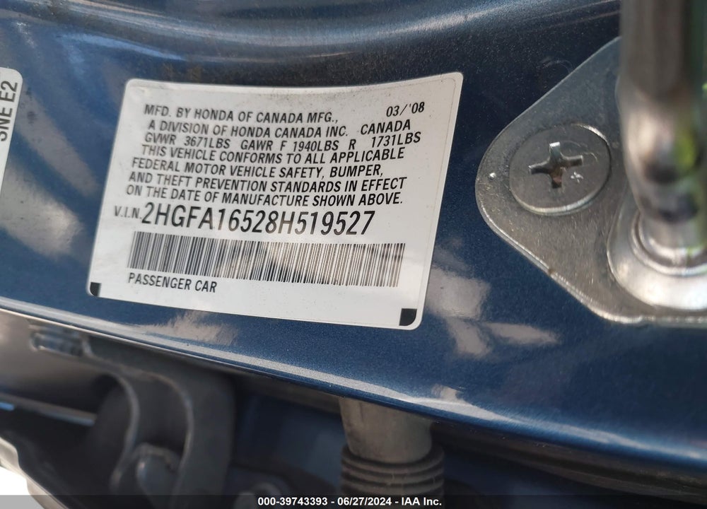 2008 HONDA CIVIC LX VIN: 2HGFA16528H519527