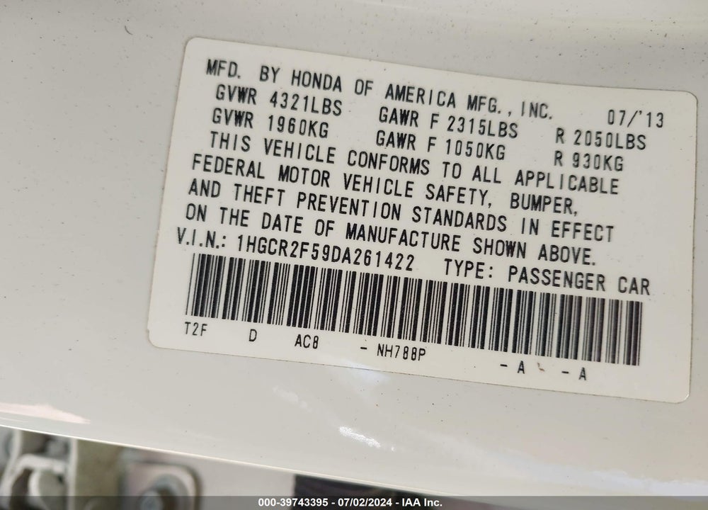 2013 HONDA ACCORD SPORT VIN: 1HGCR2F59DA261422