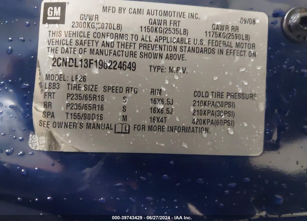 2009 CHEVROLET EQUINOX LS VIN: 2CNDL13F196224649