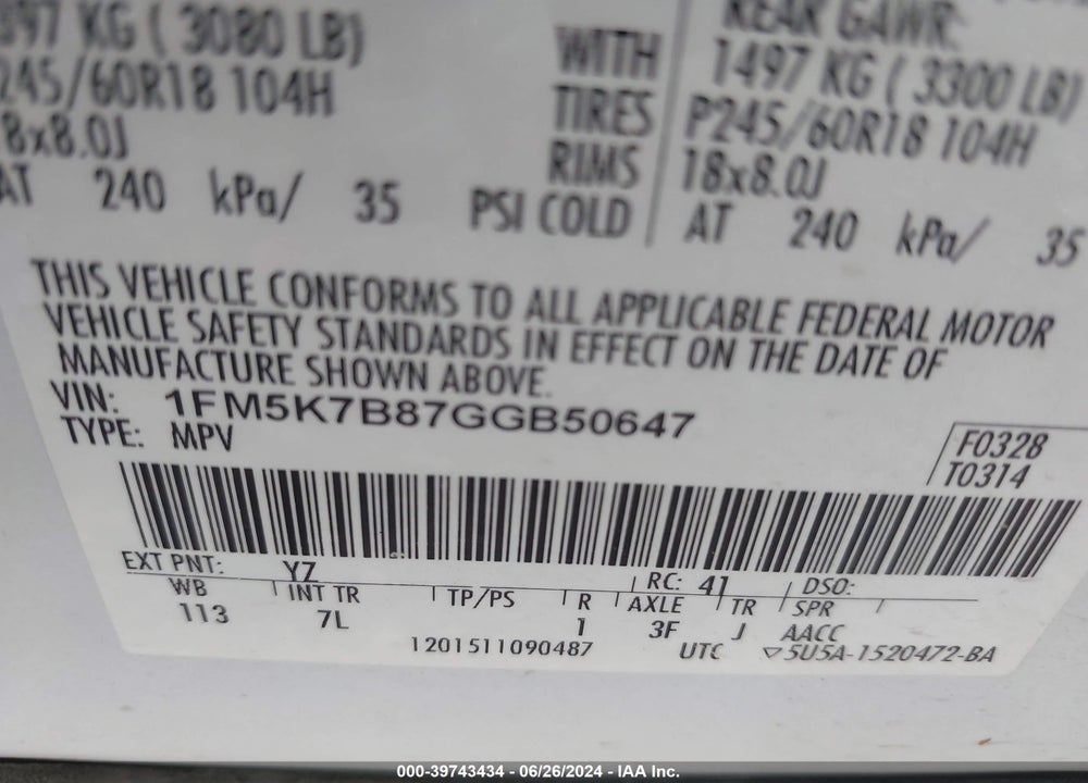 2016 FORD EXPLORER VIN: 1FM5K7B87GGB50647