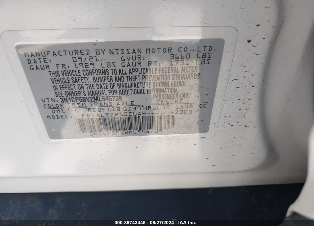 2021 NISSAN KICKS S XTRONIC CVT VIN: 3N1CP5BV2ML545739