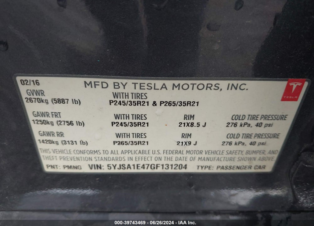 2016 TESLA MODEL S 90D/P100D/P85D/P90D VIN: 5YJSA1E47GF131204