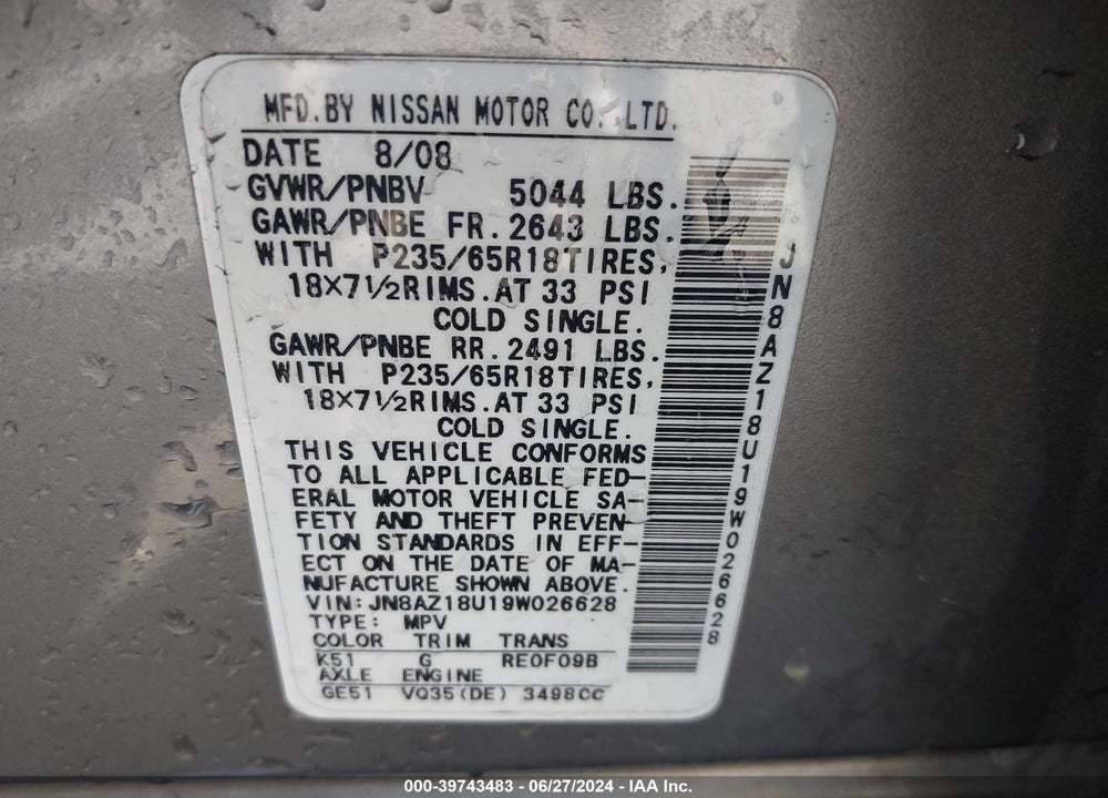 2009 NISSAN MURANO SL VIN: JN8AZ18U19W026628