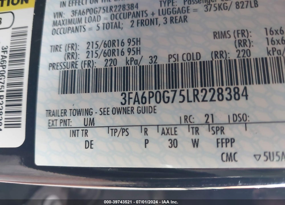 2020 FORD FUSION S VIN: 3FA6P0G75LR228384