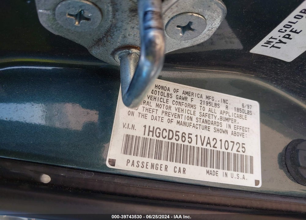 1997 HONDA ACCORD EX VIN: 1HGCD5651VA210725