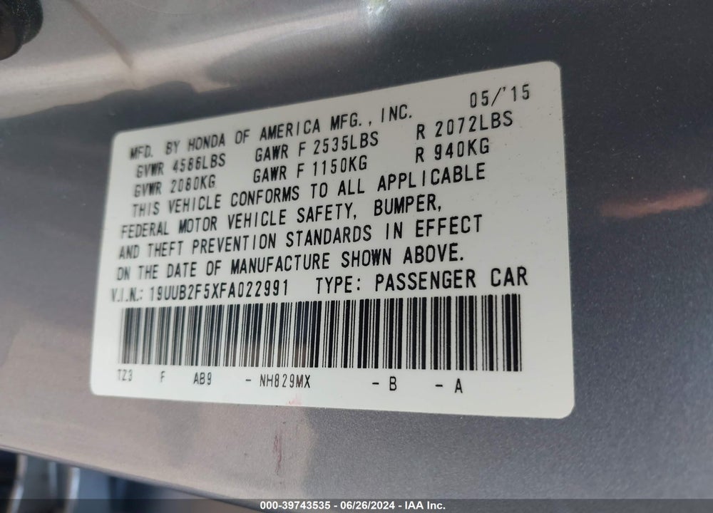 2015 ACURA TLX V6 TECH VIN: 19UUB2F5XFA022991
