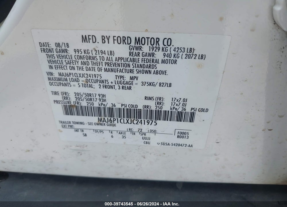 2018 FORD ECOSPORT SES VIN: MAJ6P1CLXJC241975