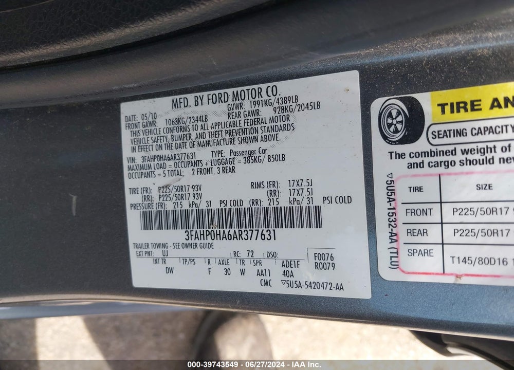 2010 FORD FUSION SE VIN: 3FAHP0HA6AR377631