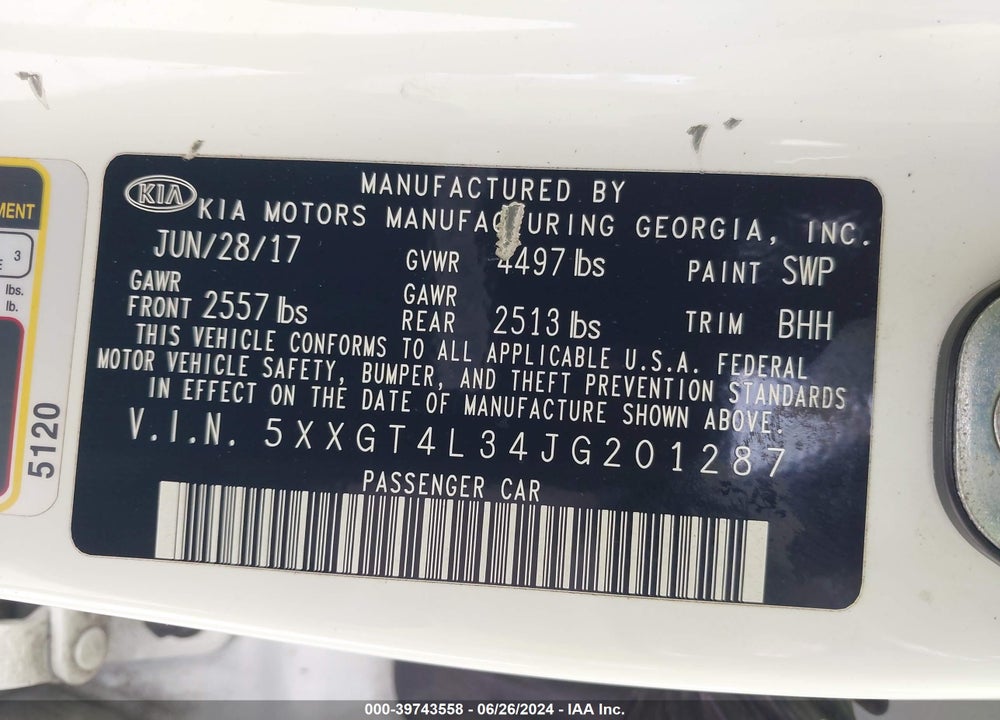 2018 KIA OPTIMA LX VIN: 5XXGT4L34JG201287