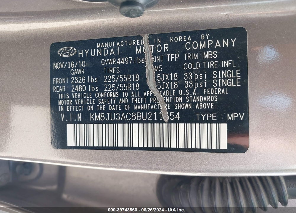 2011 HYUNDAI TUCSON LIMITED VIN: KM8JU3AC8BU211554