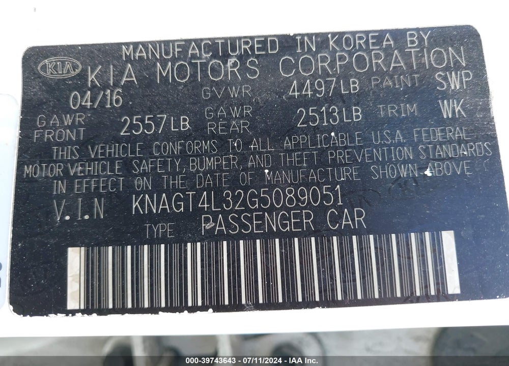 2016 KIA OPTIMA LX VIN: KNAGT4L32G5089051