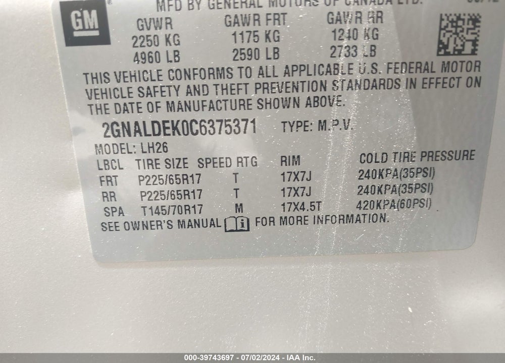 2012 CHEVROLET EQUINOX 1LT VIN: 2GNALDEK0C6375371