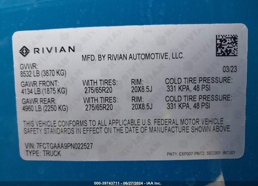 2023 RIVIAN R1T ADVENTURE QUAD-MOTOR LARGE PACK VIN: 7FCTGAAA9PN022527