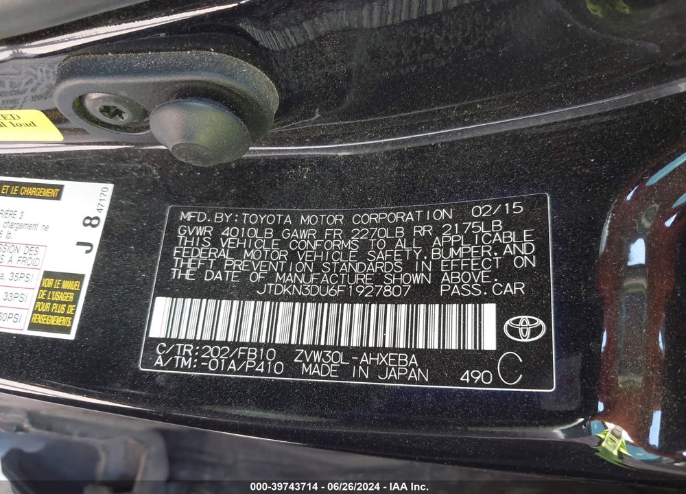 2015 TOYOTA PRIUS TWO VIN: JTDKN3DU6F1927807
