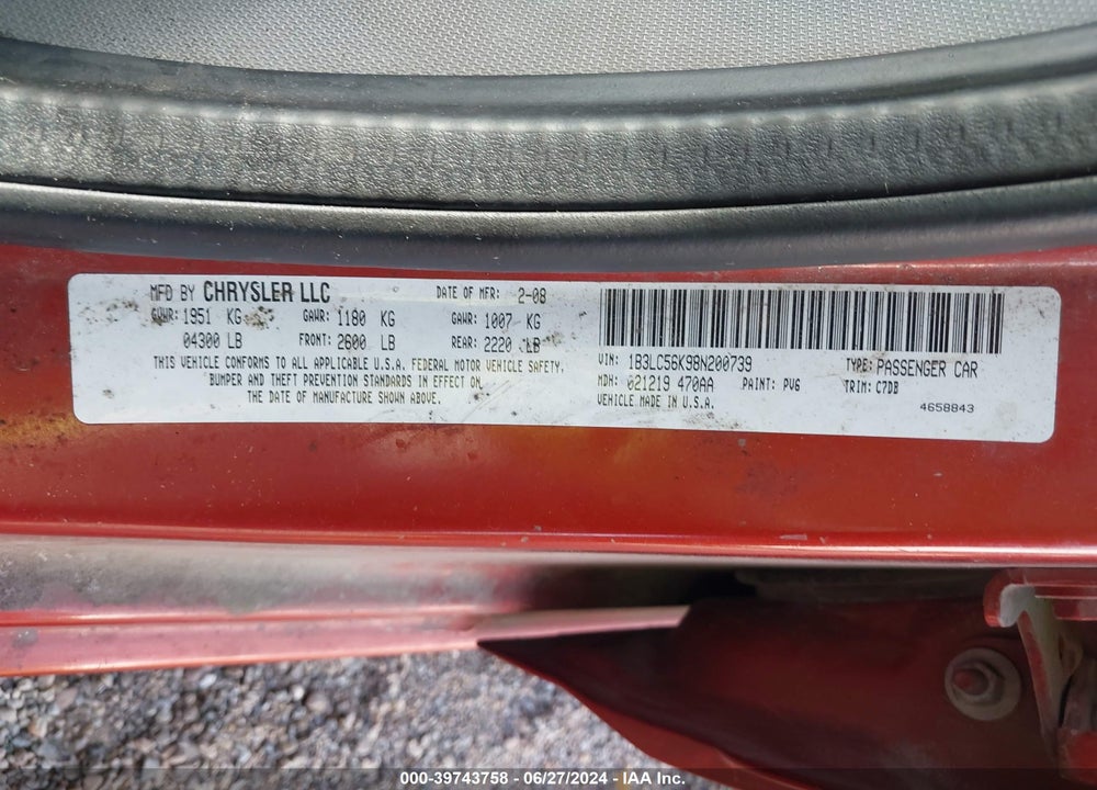 2008 DODGE AVENGER VIN: 1B3LC56K98N200739