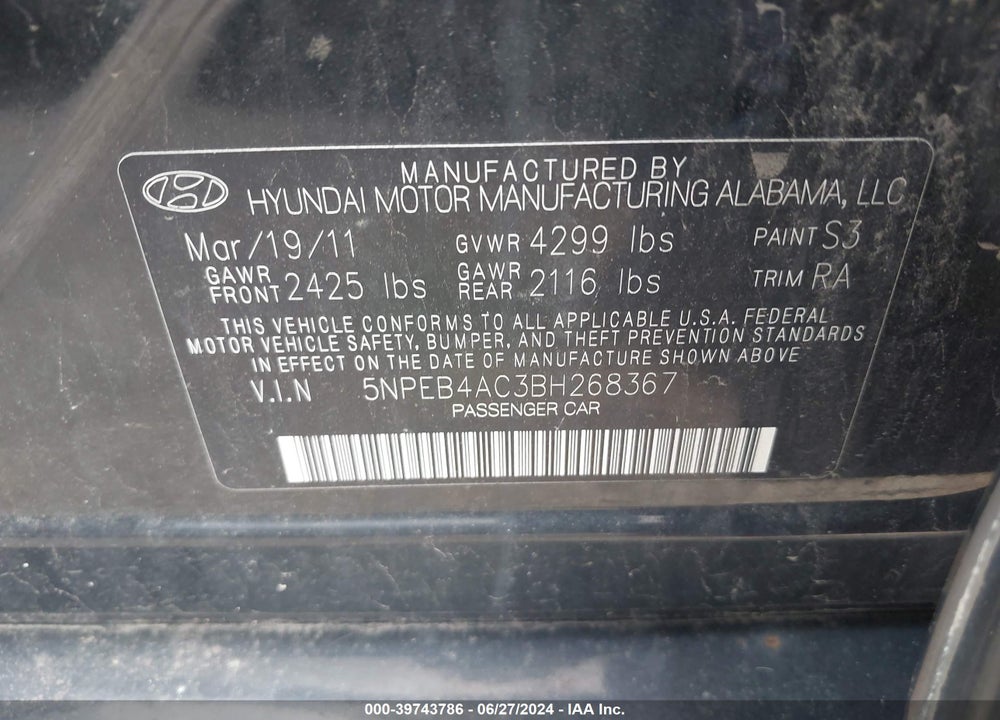 2011 HYUNDAI SONATA GLS VIN: 5NPEB4AC3BH268367
