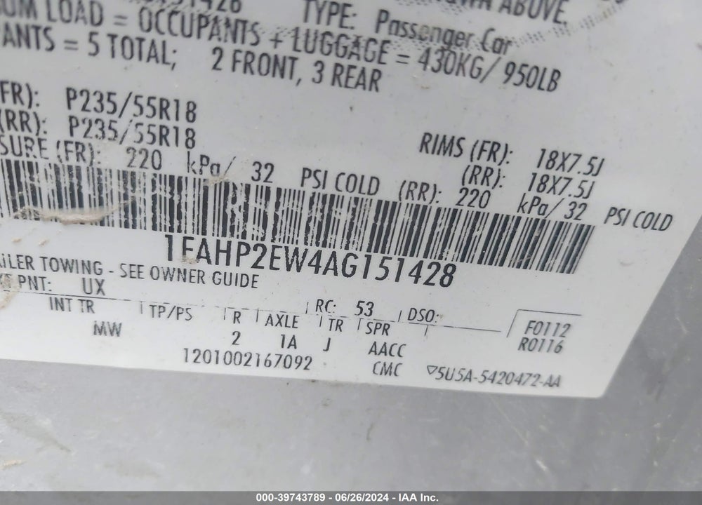 2010 FORD TAURUS SEL VIN: 1FAHP2EW4AG151428