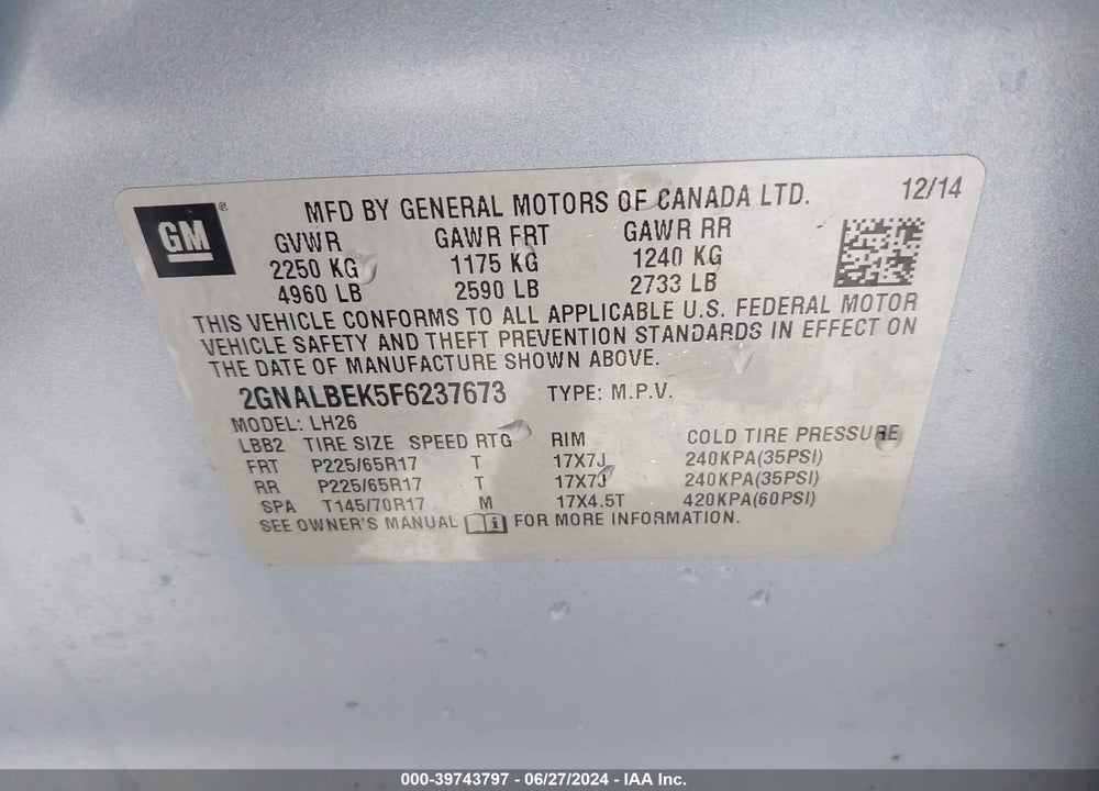 2015 CHEVROLET EQUINOX 1LT VIN: 2GNALBEK5F6237673
