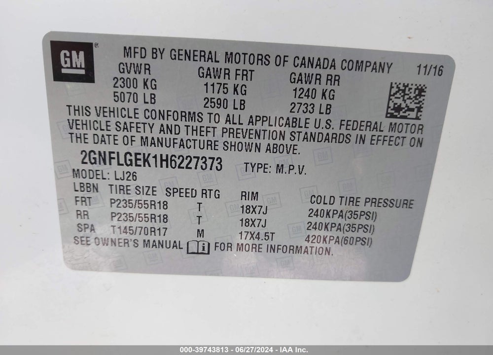 2017 CHEVROLET EQUINOX PREMIER VIN: 2GNFLGEK1H6227373
