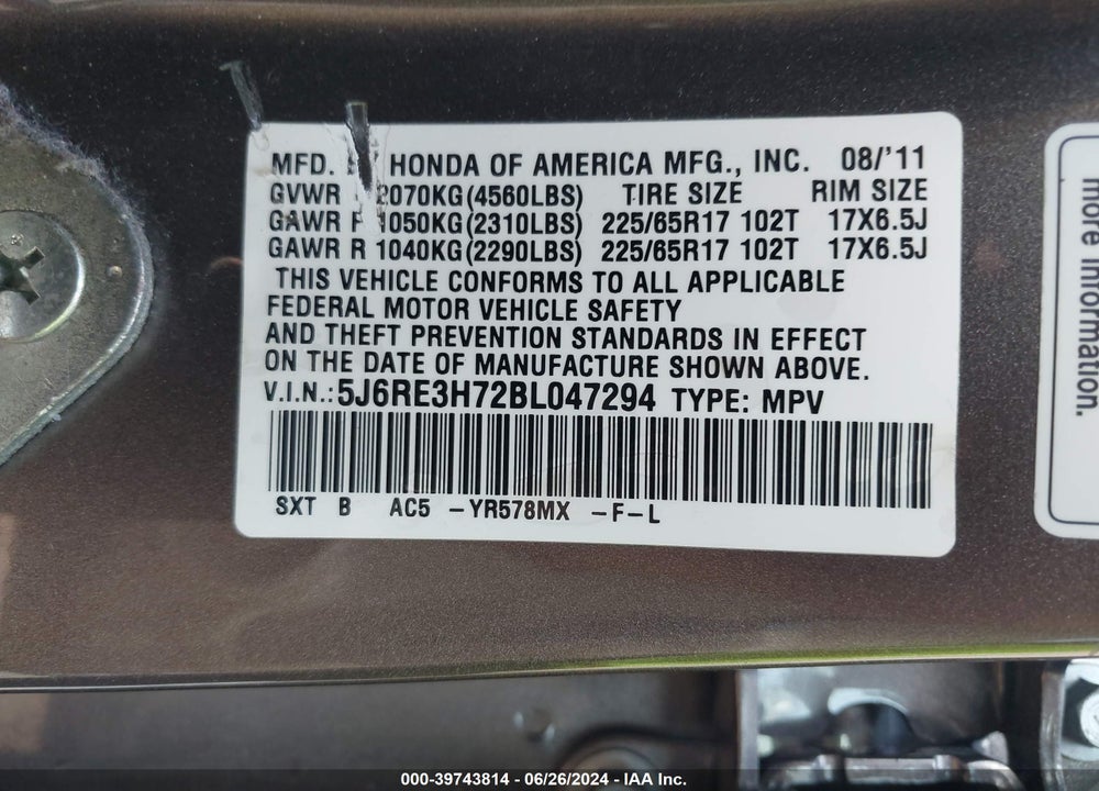 2011 HONDA CR-V EX-L VIN: 5J6RE3H72BL047294