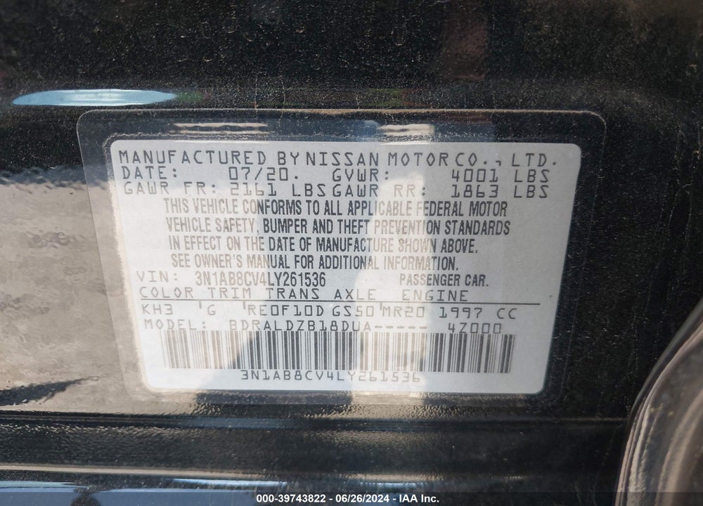 2020 NISSAN SENTRA SV XTRONIC CVT VIN: 3N1AB8CV4LY261536
