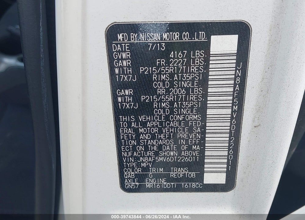 2013 NISSAN JUKE SV VIN: JN8AF5MV6DT226011