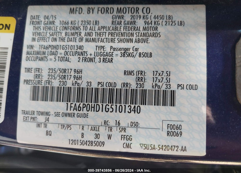 2016 FORD FUSION VIN: 1FA6P0HD1G5101340