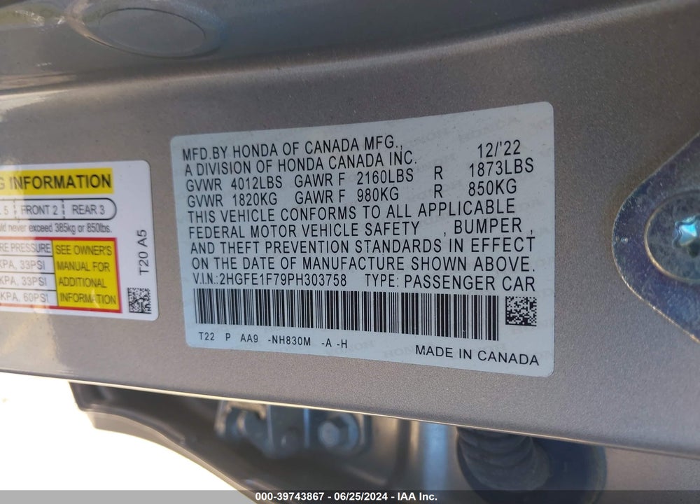 2023 HONDA CIVIC EX /EX W/O BSI VIN: 2HGFE1F79PH303758