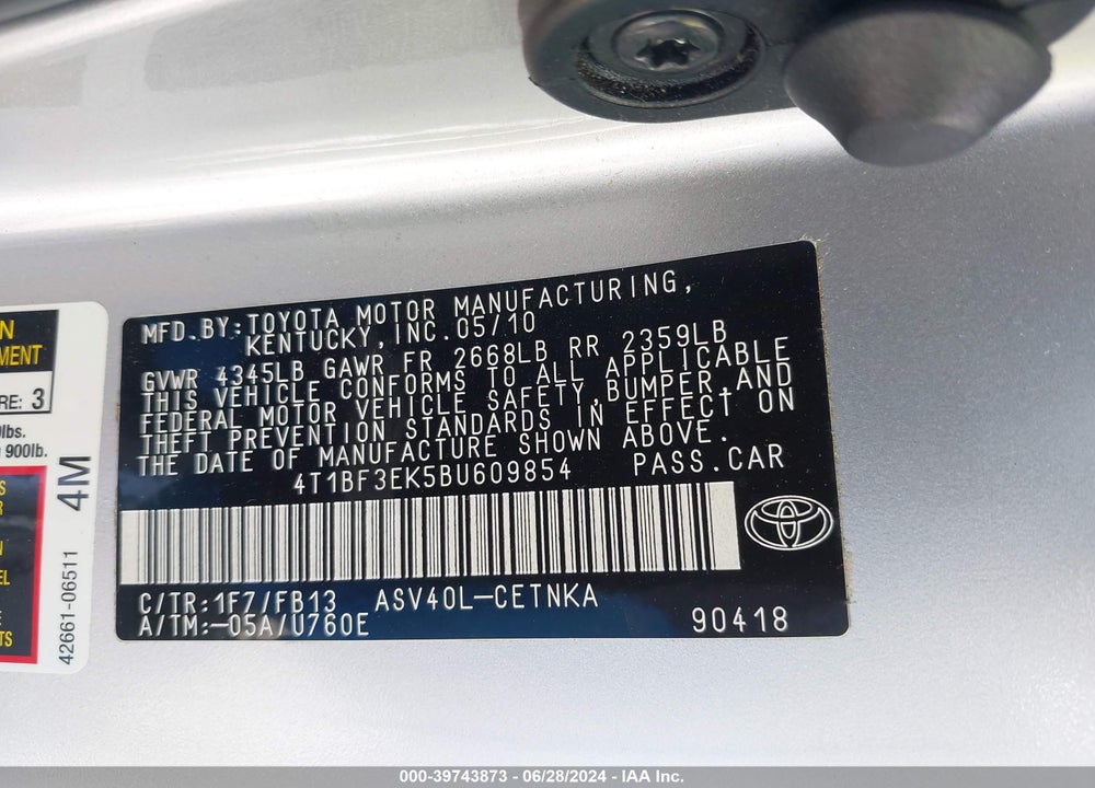 2011 TOYOTA CAMRY LE VIN: 4T1BF3EK5BU609854