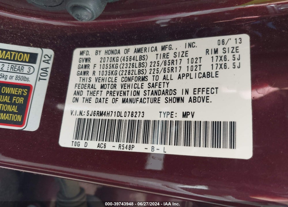 2013 HONDA CR-V EX-L VIN: 5J6RM4H71DL078273