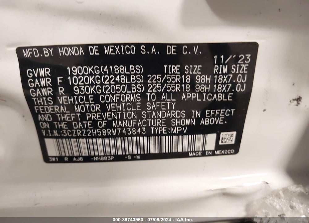 2024 HONDA HR-V AWD SPORT/AWD SPORT W/O BSI VIN: 3CZRZ2H58RM743843