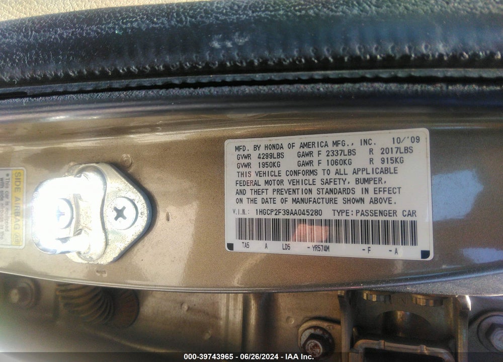 2010 HONDA ACCORD 2.4 LX VIN: 1HGCP2F39AA045280