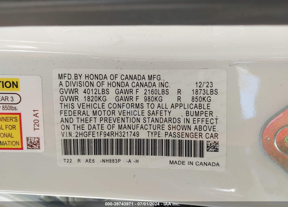 2024 HONDA CIVIC TOURING VIN: 2HGFE1F94RH321749