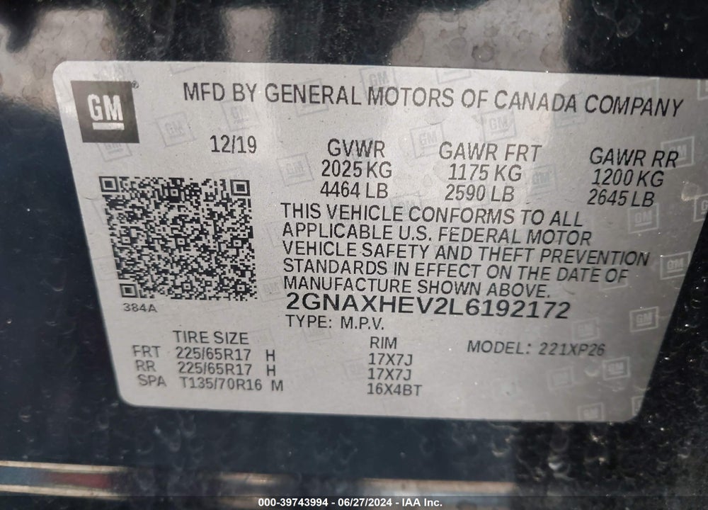 2020 CHEVROLET EQUINOX FWD LS VIN: 2GNAXHEV2L6192172