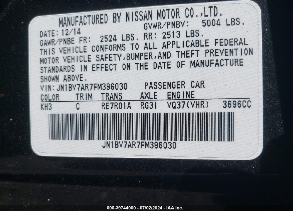 2015 INFINITI Q50 PREMIUM VIN: JN1BV7AR7FM396030