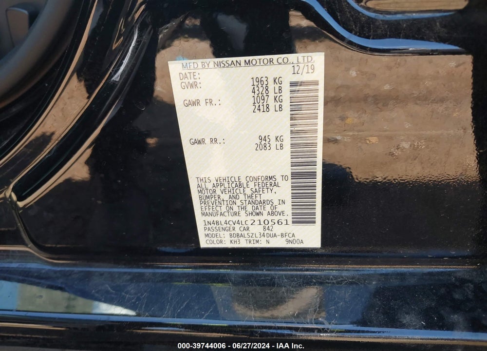 2020 NISSAN ALTIMA SR FWD VIN: 1N4BL4CV4LC210561