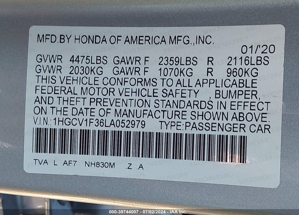 2020 HONDA ACCORD SPORT VIN: 1HGCV1F36LA052979