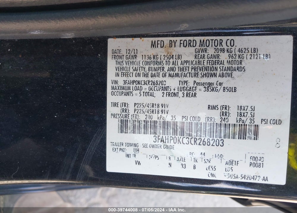 2012 FORD FUSION SPORT VIN: 3FAHP0KC3CR268203