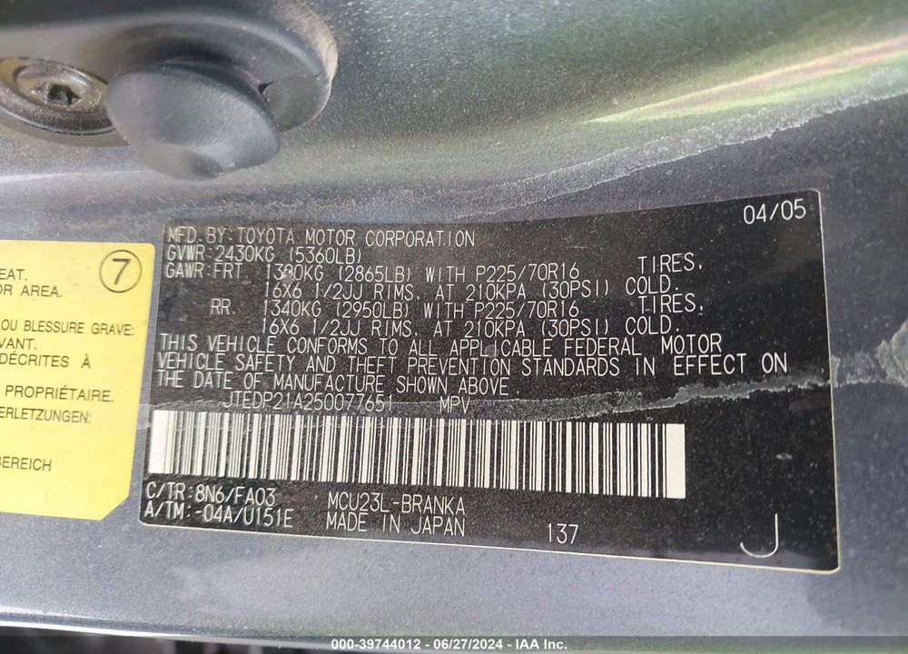 2005 TOYOTA HIGHLANDER V6 VIN: JTEDP21A250077651