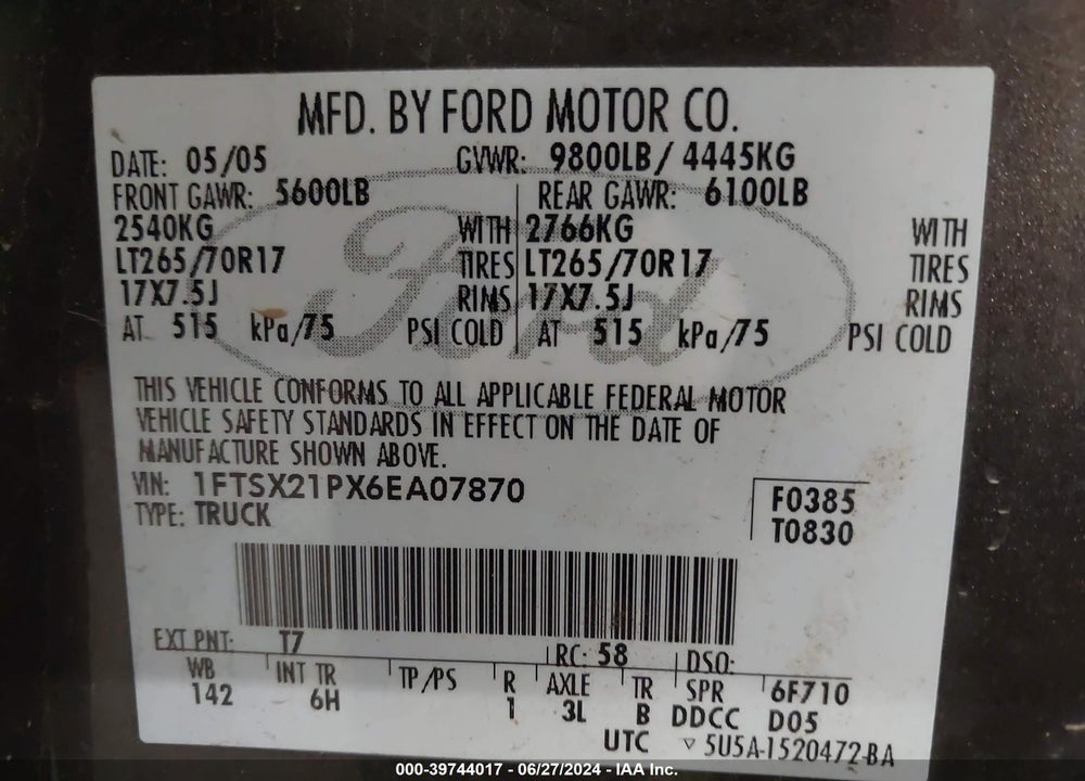 2006 FORD F-250 LARIAT/XL/XLT VIN: 1FTSX21PX6EA07870