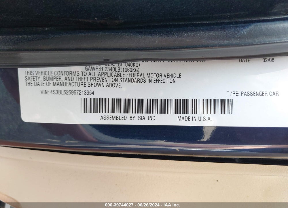 2006 SUBARU LEGACY 2.5I LIMITED VIN: 4S3BL626967213954