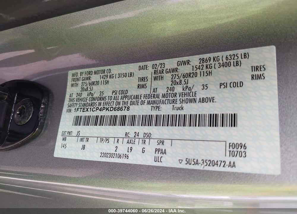 2023 FORD F-150 XL VIN: 1FTEX1CP4PKD68678