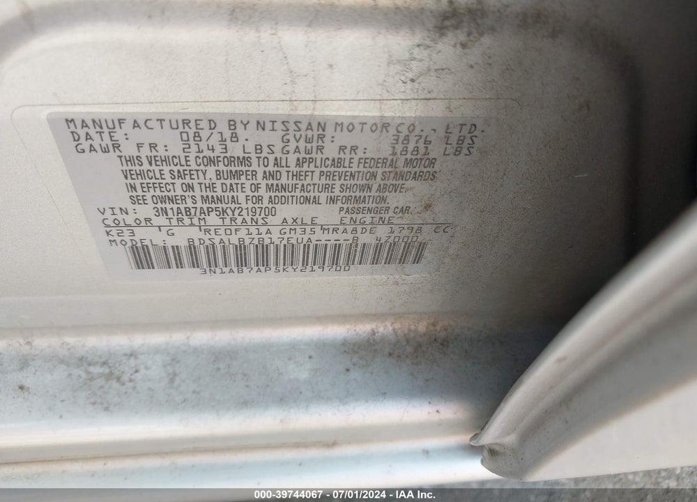 2019 NISSAN SENTRA S VIN: 3N1AB7AP5KY219700